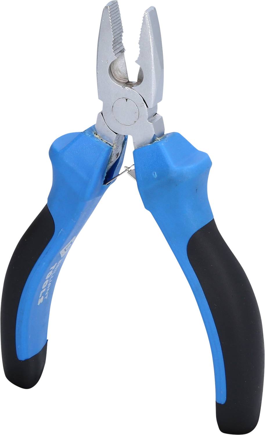 A blue combination pliers with black handles.