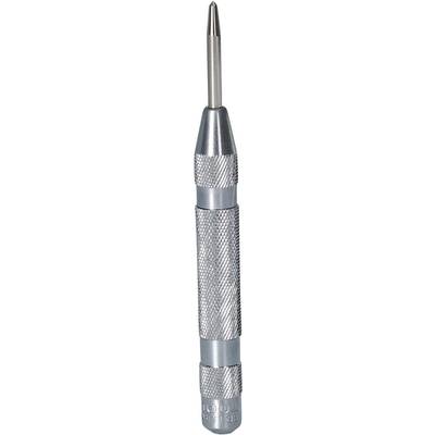 A silver punch tool with a ribbed surface, used for marking material before drilling or cutting.