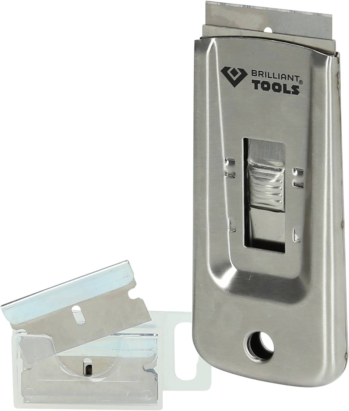 A silver glass scraper with a blade, alongside a separate spare blade. Suitable for removing stickers from glass.