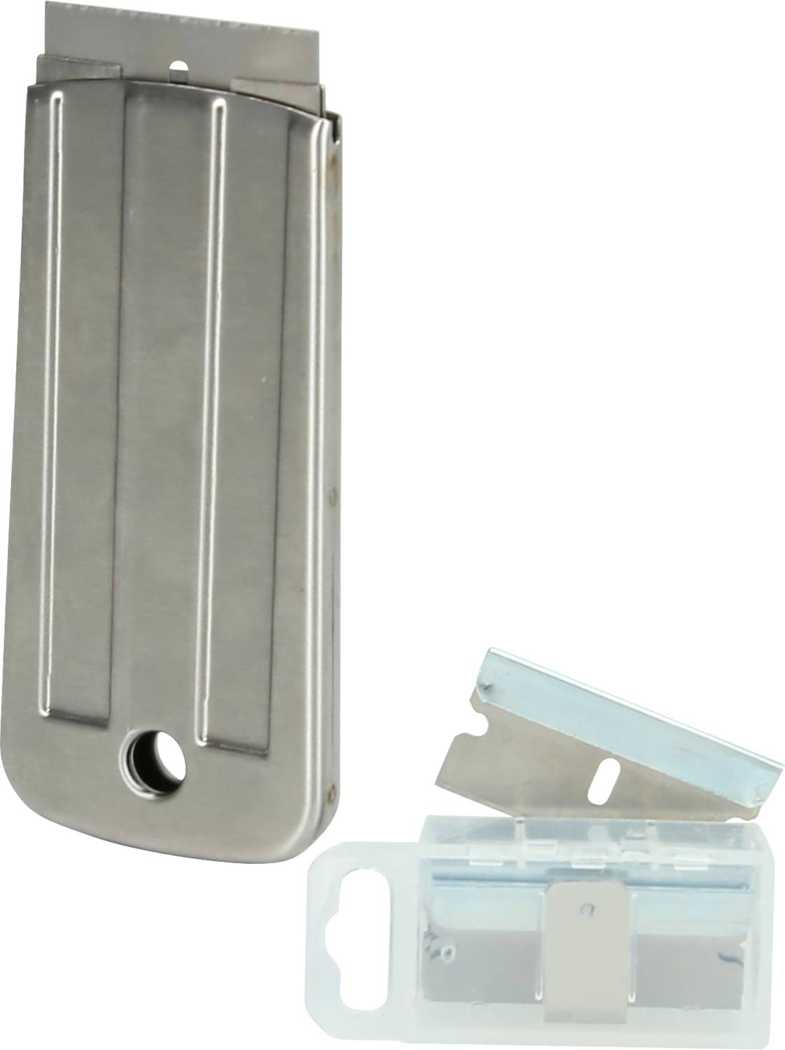 A metal and glass scraper with a replacement blade in a clear plastic case. Ideal for removing stickers.