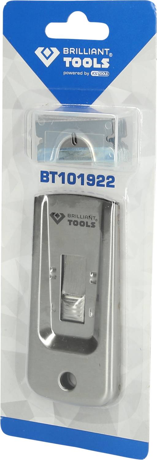 'Brilliant Tools' scraper in plastic packaging. Model number BT101922 displayed on a blue background.