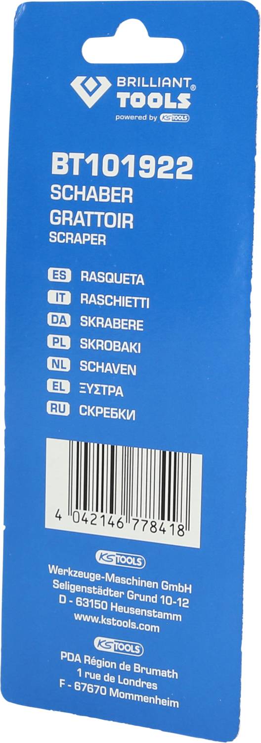 Packaging for a scraper with the article number BT101922 from Brilliant Tools. The reverse side lists the term 'scraper' in various languages.