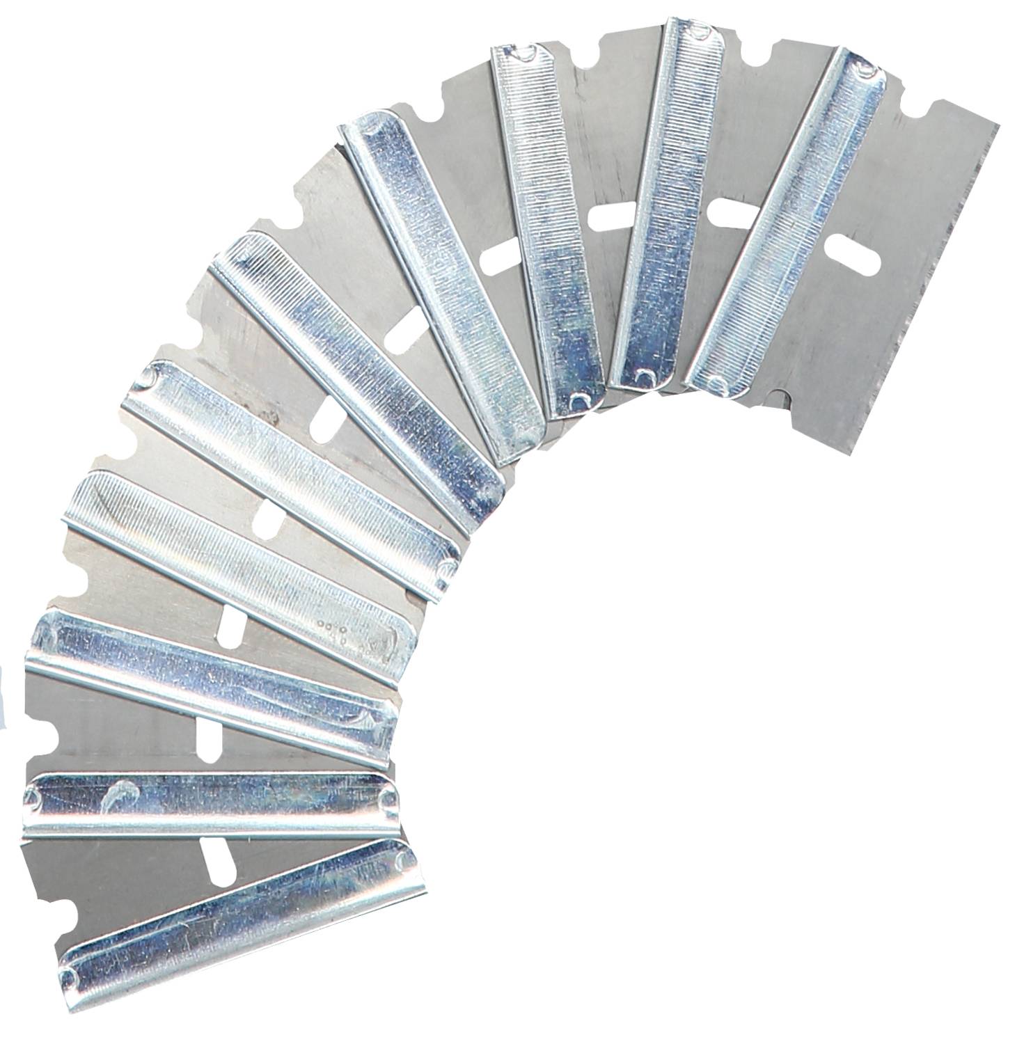 Eleven silver razor blades arranged in a fan-shaped pattern.
