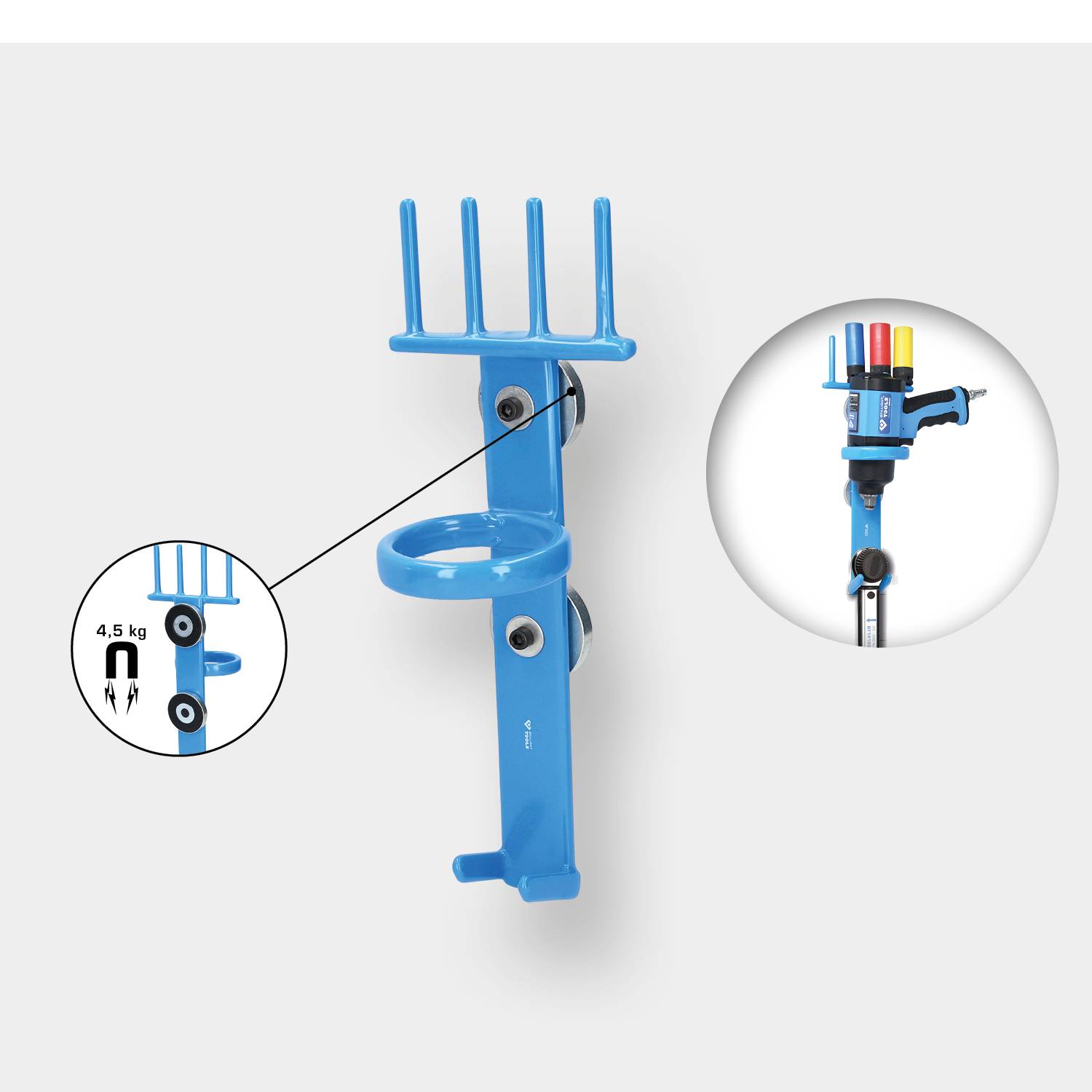 'Blue mobile arm with mounting bracket for 4.5 kg load, ideal for use in medical settings for securely fixing devices.'