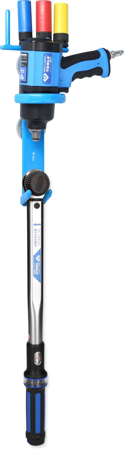 Pneumatic torque wrench in blue, with colour markings in red, yellow, blue, and black handle.