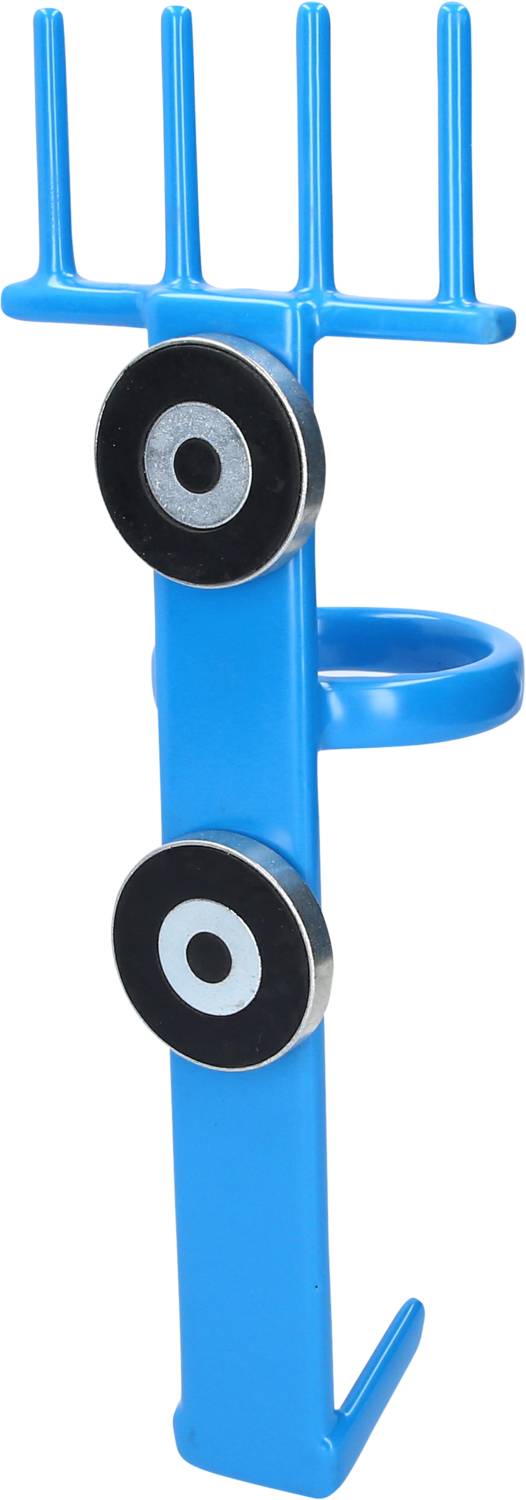 A blue plastic holder with four prongs at the top and two round magnets at the front. Used for attaching items.