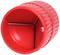Red plastic deburring tool with a ribbed surface, featuring two metal blades inside for processing pipe edges.