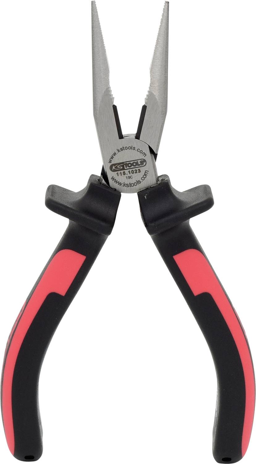Pointed pliers with plastic handles, red and black, close-up view.