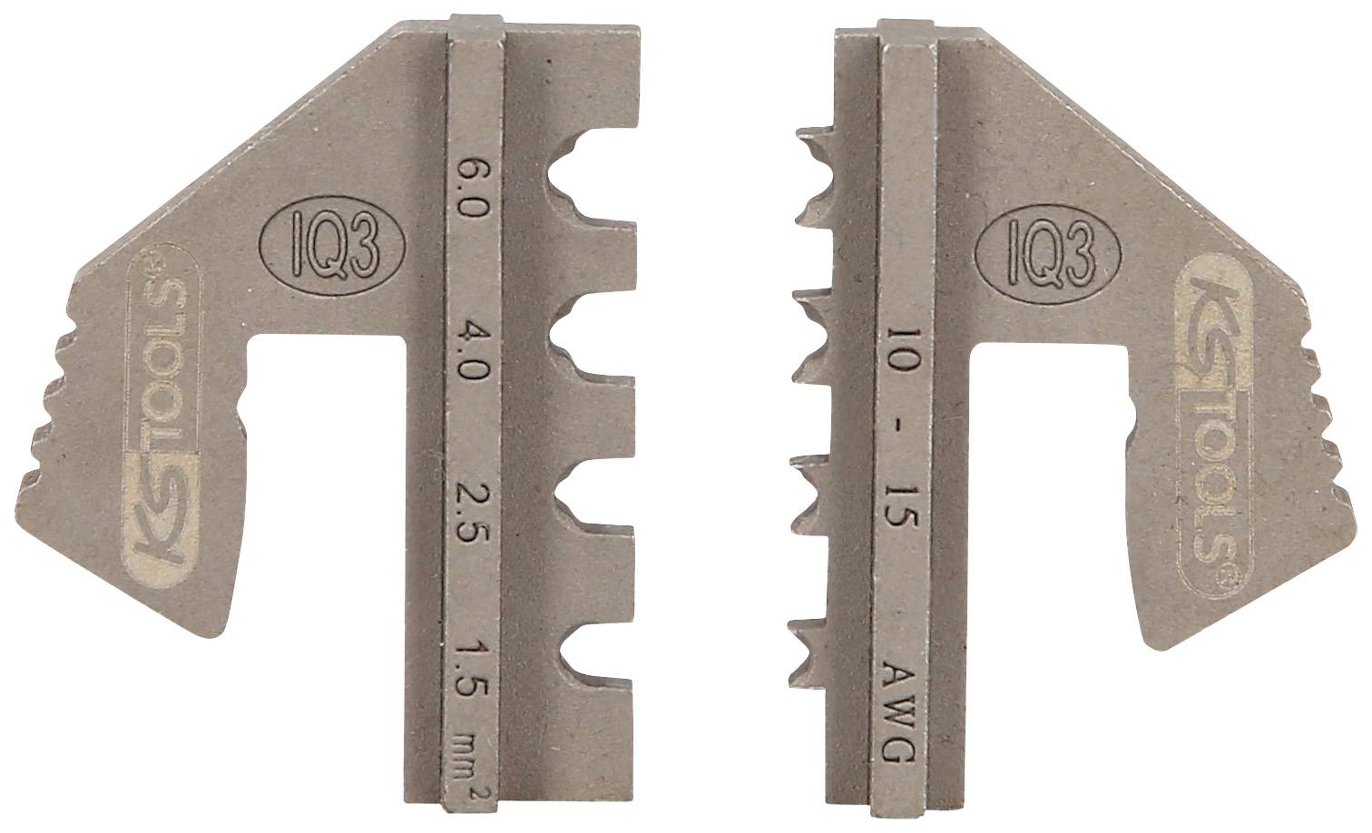 'Two crimping jaws by KS Tools, model IQ3, from 0.5 to 6.0 mm² and 10 to 15 AWG, with serrated surface for cable crimping.'