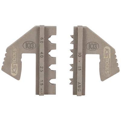 'Two crimping jaws by KS Tools, model IQ3, from 0.5 to 6.0 mm² and 10 to 15 AWG, with serrated surface for cable crimping.'