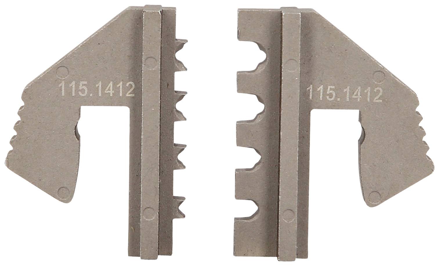 Two metallic dental gauges with teeth of different sizes and the engraving '115.1412', arranged opposite each other.