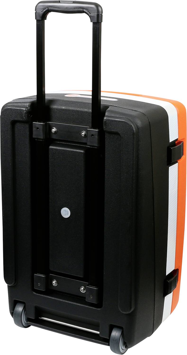 A black suitcase with orange stripes and an extendable handle. The suitcase has two wheels and is shown standing upright.