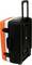 Orange and black hard-shell suitcase with telescopic handle and wheels, with side carry handles.
