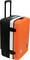 A sturdy suitcase with a black and orange surface, fitted with an extendable handle and wheels for easy transportation.