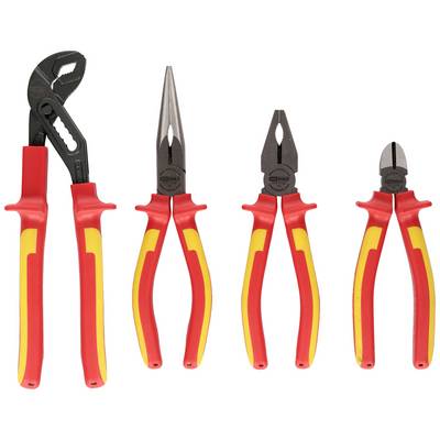 Four different pliers with red and yellow handles. From left to right: Adjustable water pump pliers, long-nose pliers, combination pliers, side cutters.