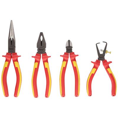 Four pliers with red and yellow handles: flat-nose pliers, combination pliers, side cutters, and needle-nose pliers with retaining spring and screw.