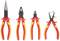 Four pliers with red and yellow handles: flat-nose pliers, combination pliers, side cutters, and needle-nose pliers with retaining spring and screw.