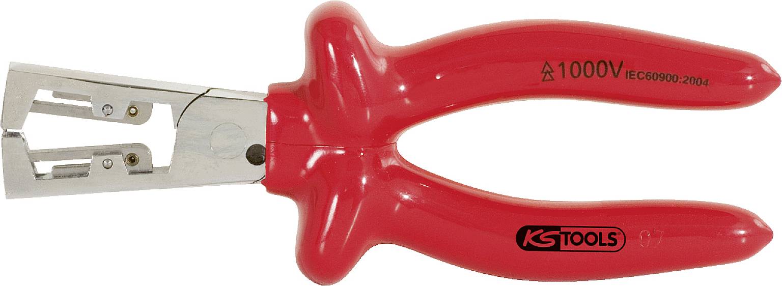 Red insulation stripping tool with black printed handle 'KS Tools'. Suitable for work up to 1000V, in accordance with IEC60900:2004 standard.
