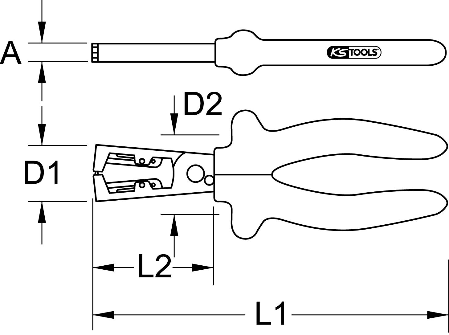 Black and white diagram of the wire stripping pliers with dimensional specifications. Top: Blade width (A), Blade height (D2). Bottom: Pliers length (L1, L2), Grip height (D1).