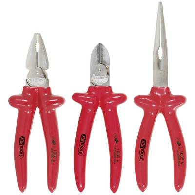 Three red pliers with insulated handles, from left: combination pliers, side cutters, and long-nose pliers, suitable for work up to 1000 V.