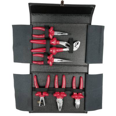 A tool set with six pliers, four red handles on top and two below, arranged in an open black case.