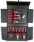 A tool set with six pliers, four red handles on top and two below, arranged in an open black case.