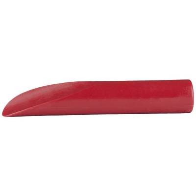 Red plastic pipe with an angled cut opening, possibly part of a larger device or machine.