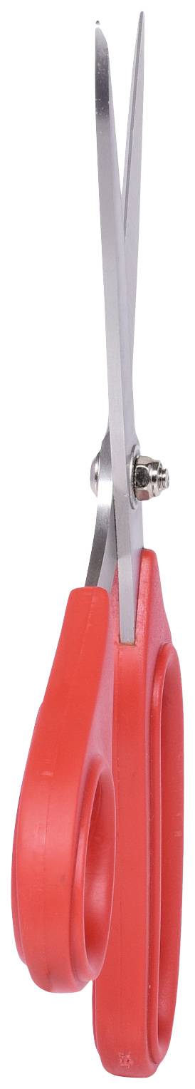 Red scissors with metallic blades, standing upright. Ideal for craft work or office use.