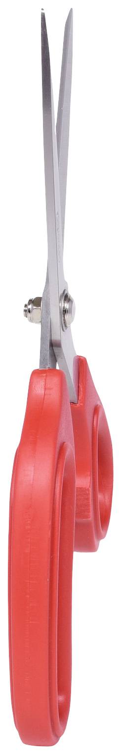 Red scissors against a white background, open and standing upright with silver blades.