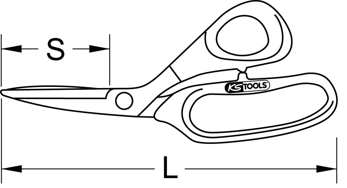 Black and white drawing of a pair of scissors with labels "S" for cutting length and "L" for total length.