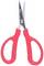 Red scissors with plastic handles and metal blades, in an open position. Suitable for craft or office purposes.