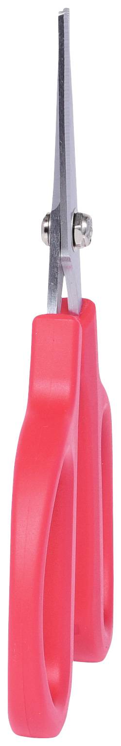 Red scissors with long, thin blades and large handles, standing upright.