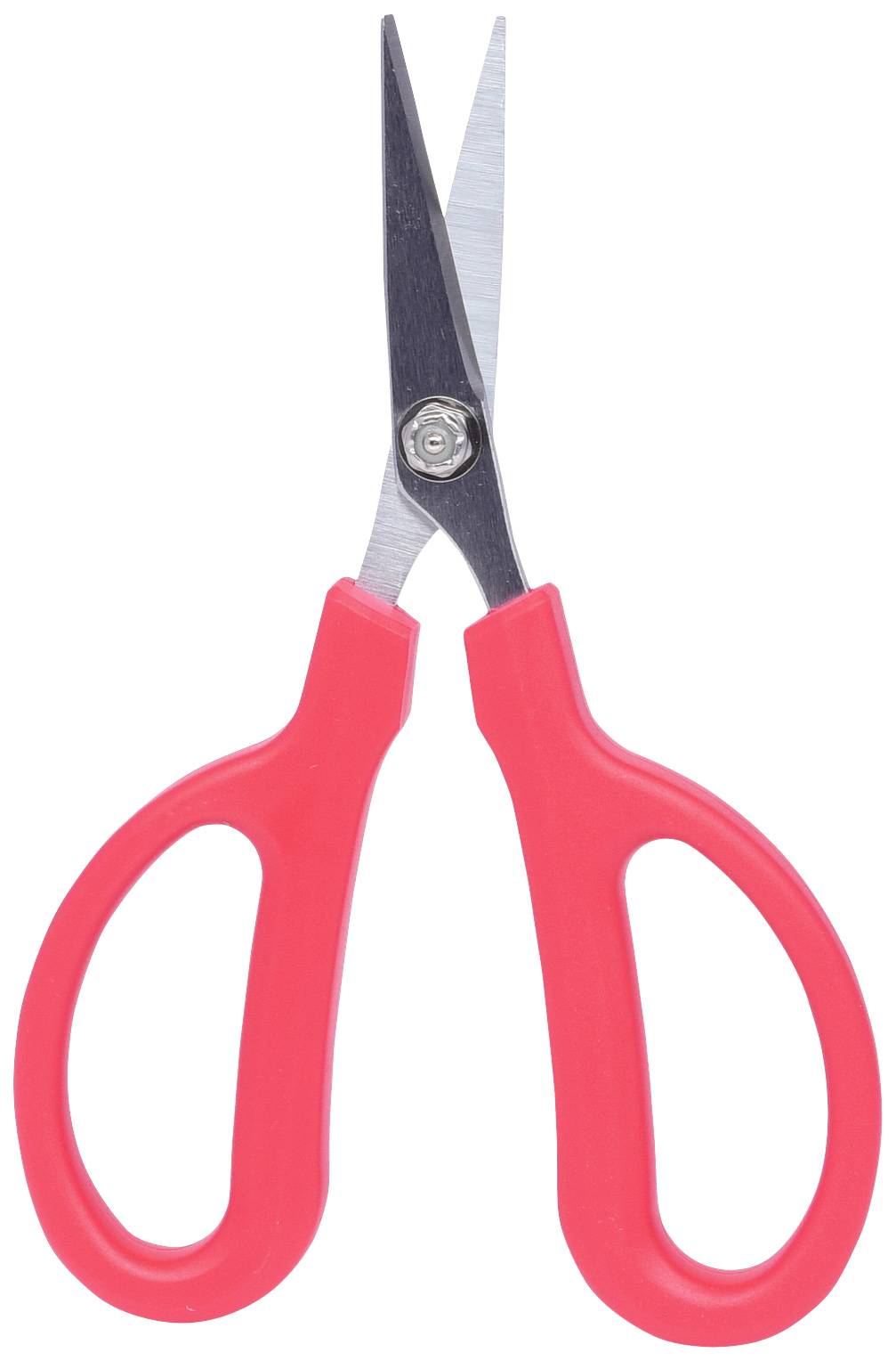 A pair of scissors with red plastic handles and silver blades, opened and pointing upwards.