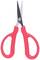 A pair of scissors with red plastic handles and silver blades, opened and pointing upwards.