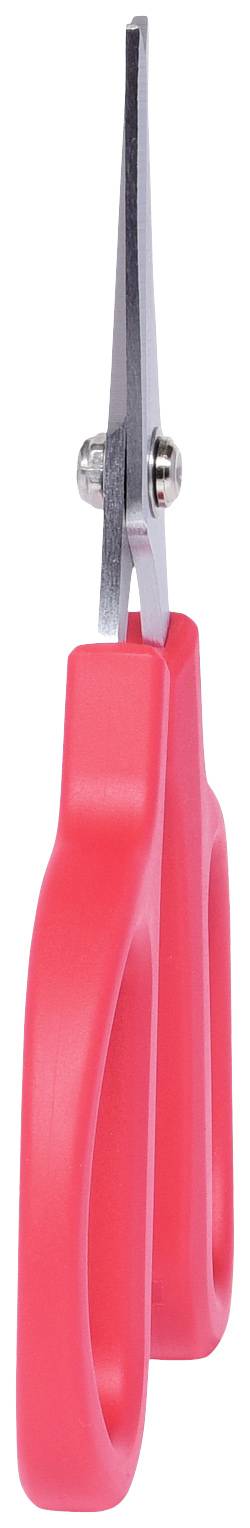 A red pair of scissors with straight blades, positioned vertically, on a white background.