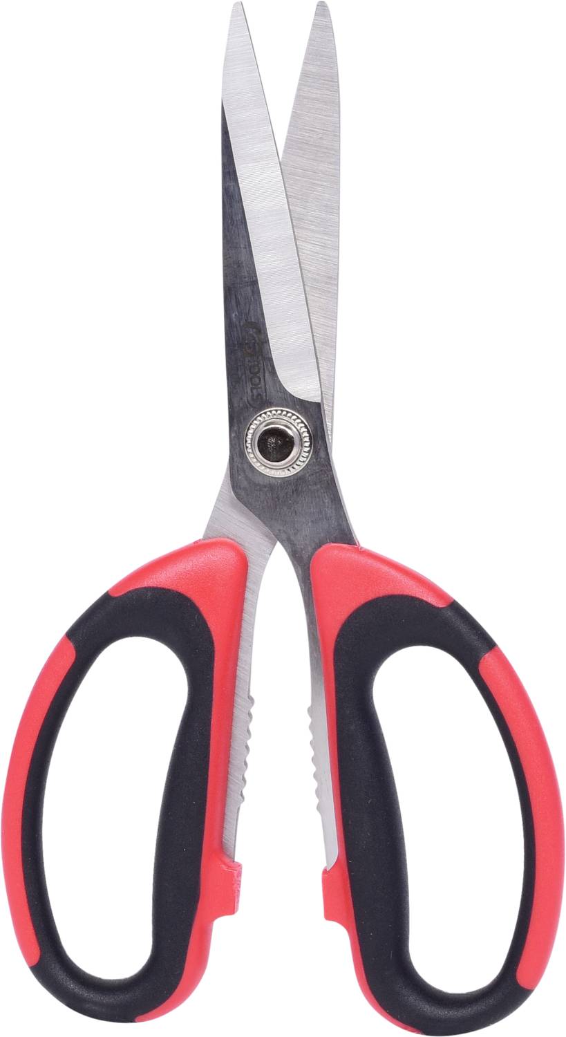 Red and black scissors with metal blades against a white background.