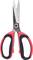 Red and black scissors with metal blades against a white background.