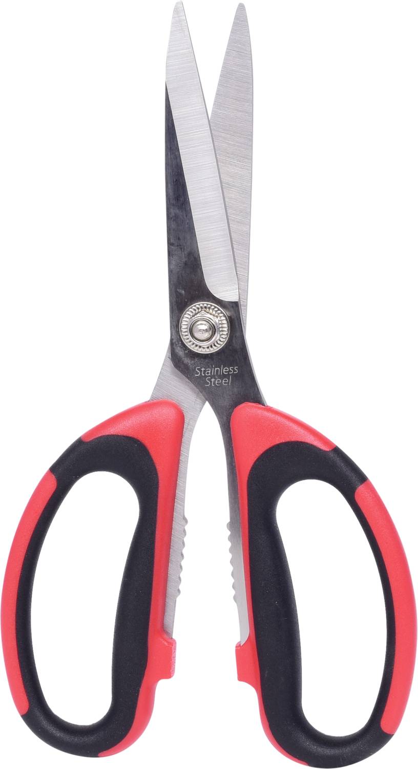 Red and black scissors with stainless steel blades, shown head-on, suitable for cutting tasks in the home or office.