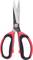 Red and black scissors with stainless steel blades, shown head-on, suitable for cutting tasks in the home or office.