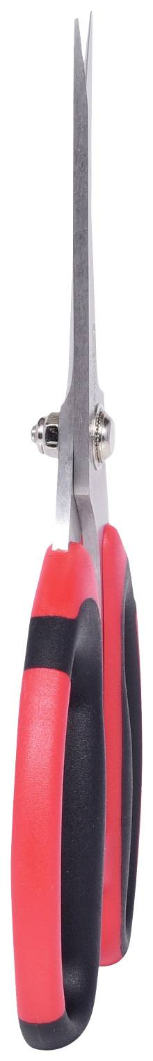 A large red and black pair of scissors, vertically positioned with long blades, suitable for precise cutting of flowers or plants.