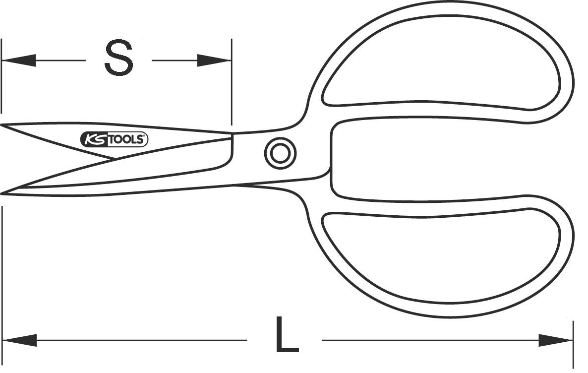 The illustration shows a pair of scissors with dimensions 'S' for the blade and 'L' for the handle area, with 'KSTOOLS' printed on it.