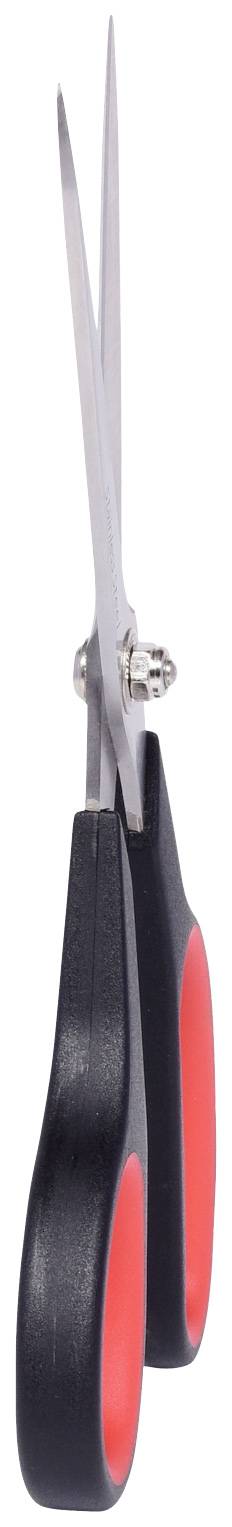 A black and red pair of scissors with open blades, standing upright with handles pointing downwards.