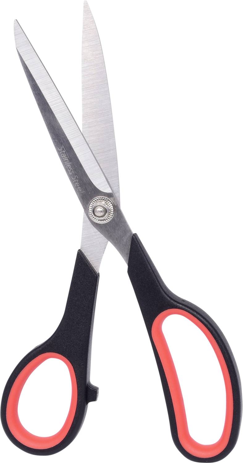 A black pair of scissors with red handles, opened and ready to cut.