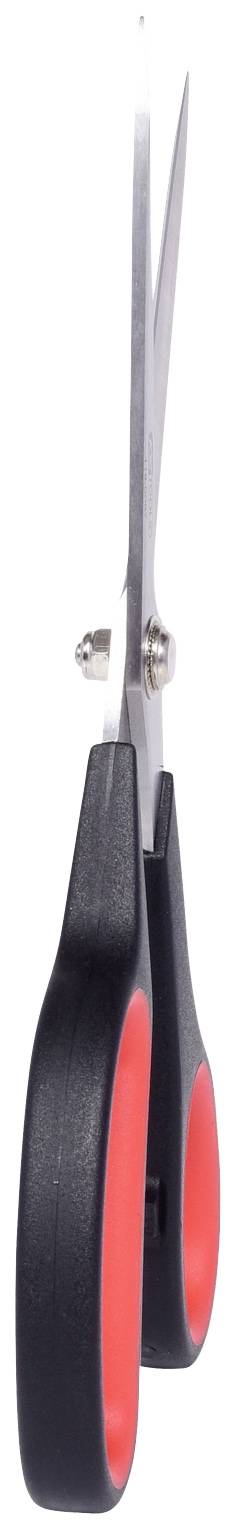 A black pair of scissors with a red handle stands upright, points facing upwards.