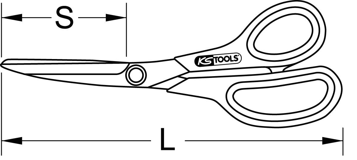 Diagram of a pair of scissors with two handles and a blade. Labelled with 'S' for blade length and 'L' for overall length.