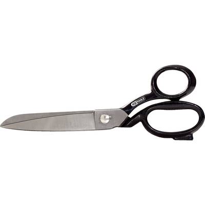 A large, black pair of scissors with metal blades lies to the side. Suitable for fabric cutting work.