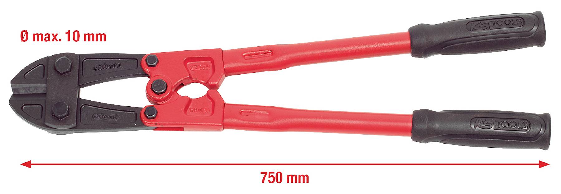 A red bolt cutter with a black handle, 750 mm in length, suitable for cutting materials up to 10 mm thick.