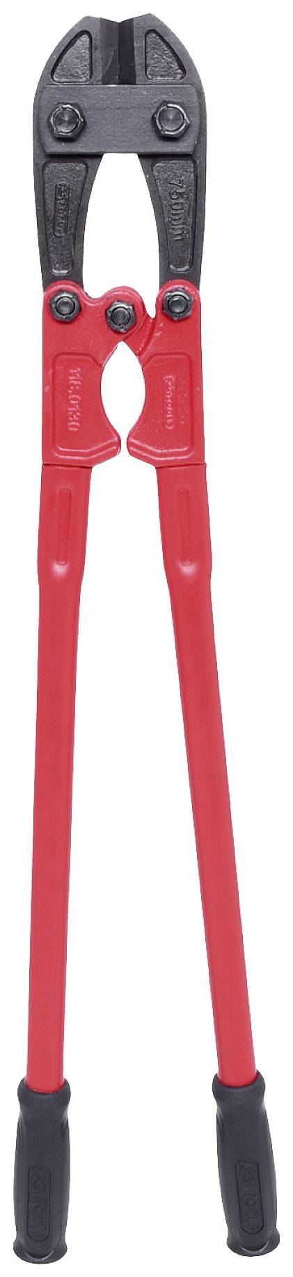 A red bolt cutter with black cutting jaws.