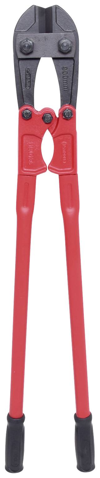 A large, red bolt cutter with black handles and jaws. Suitable for cutting strong metal connections or chains.