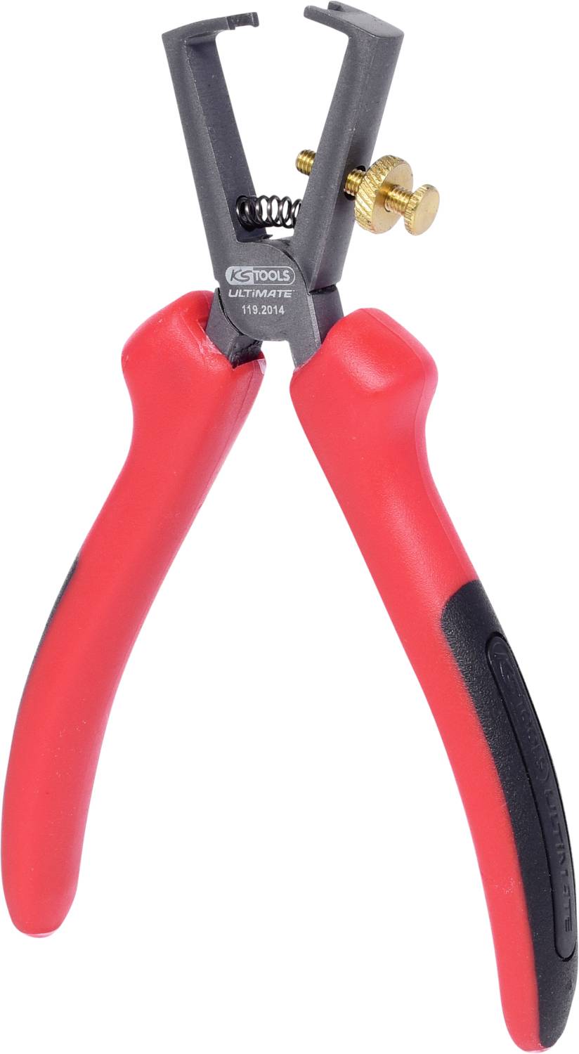 Red pliers with a black handle and adjustable screw, likely a wire stripping tool, displayed against a white background.